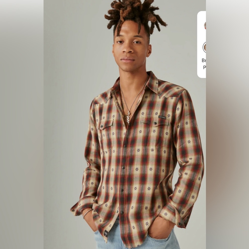 Lucky Brand men’s Plaid Dobby Western Long Sleeve Shirt, brown tan size medium M - Picture 2 of 7